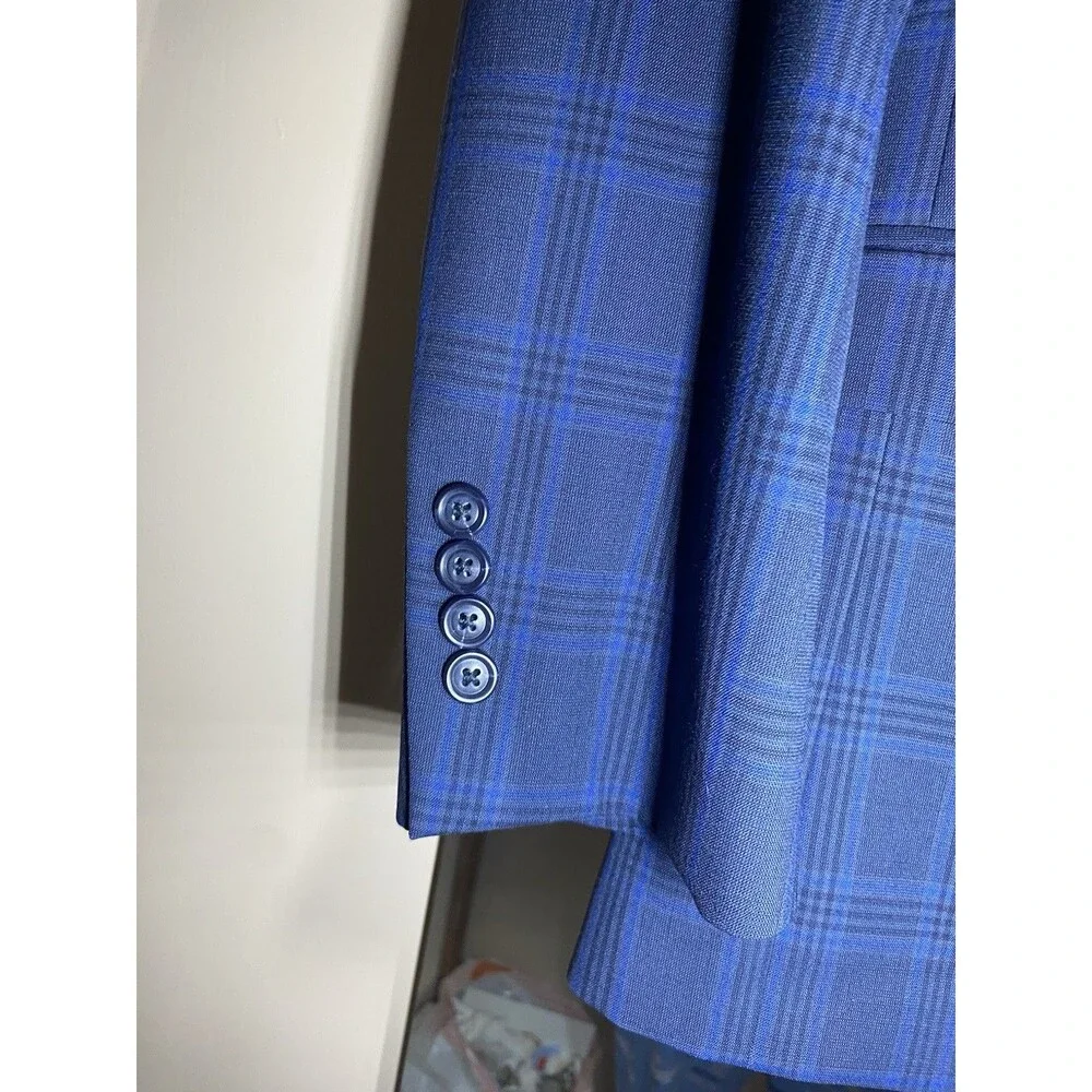 Jos A Bank Joseph Slim Fit Suit Jacket 41R Navy Blue Plaid 100 Wool Metropolitan